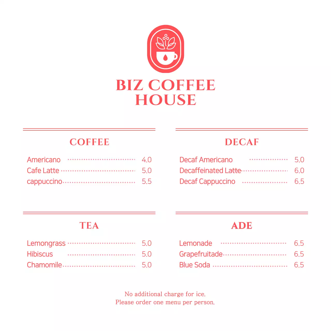 Harga menu untuk kafe berkonsep merah dan putih yang sederhana