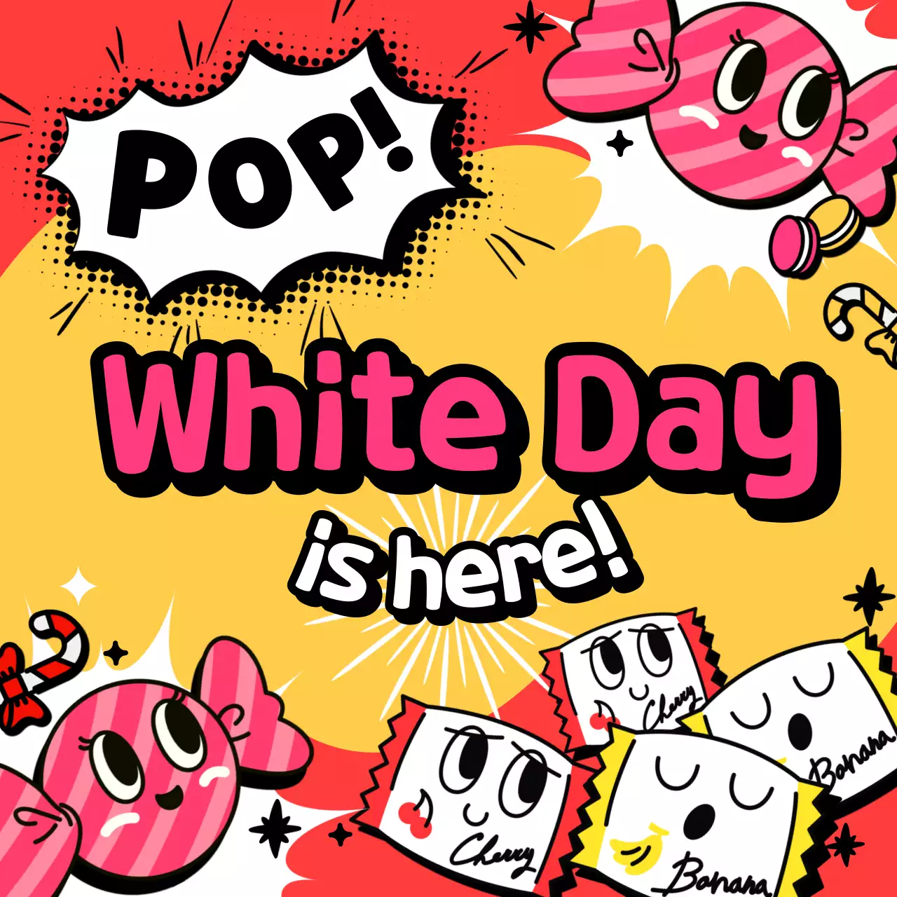 핑크색 배경의 사탕 캐릭터가 있는 화이트데이 이미지