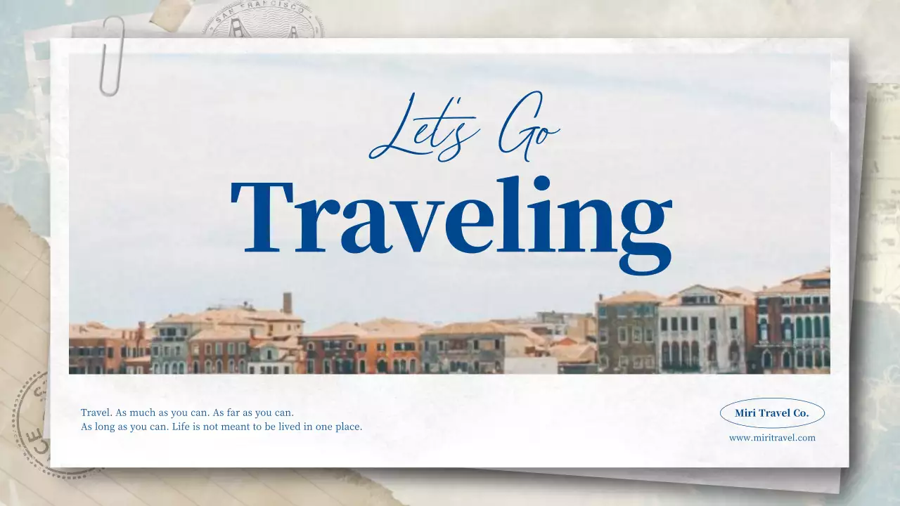 A blue and pastel, postcard-esque travel agency introduction