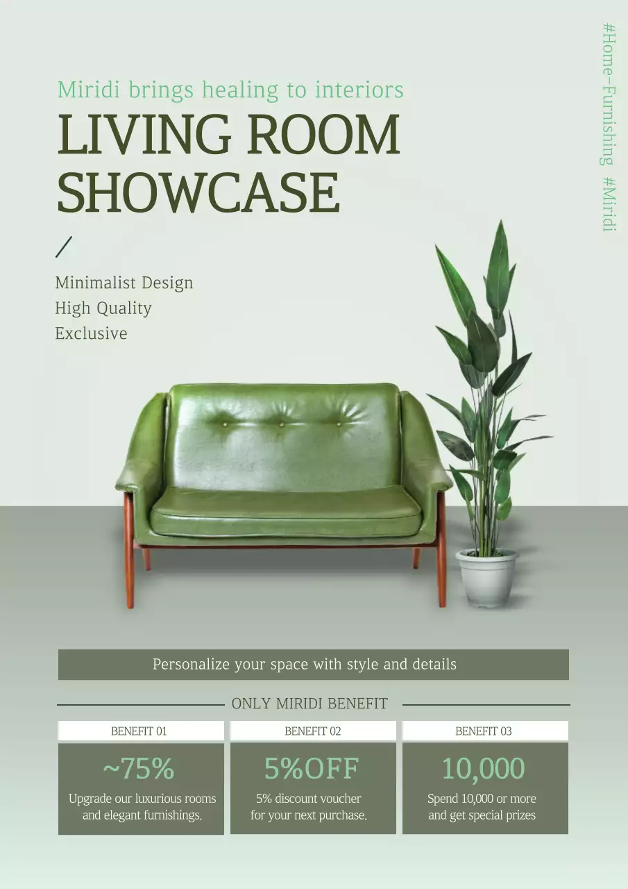 Event promotional poster with green furniture interior