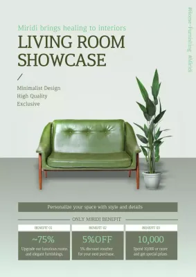 Event promotional poster with green furniture interior