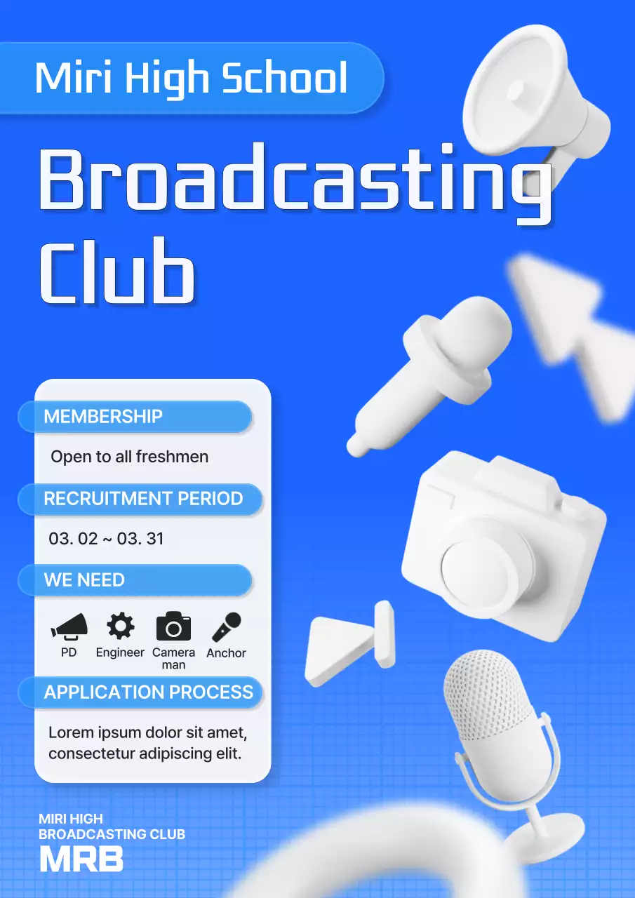 Recruiting new members for a high school broadcasting club with clean text in blue and white colors