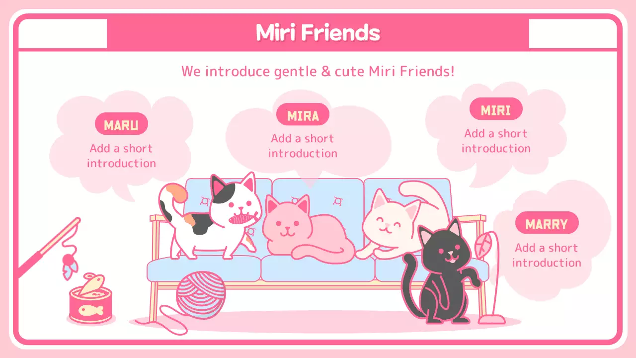 An introductory page with cute characters and merchandise on a pink checkered background