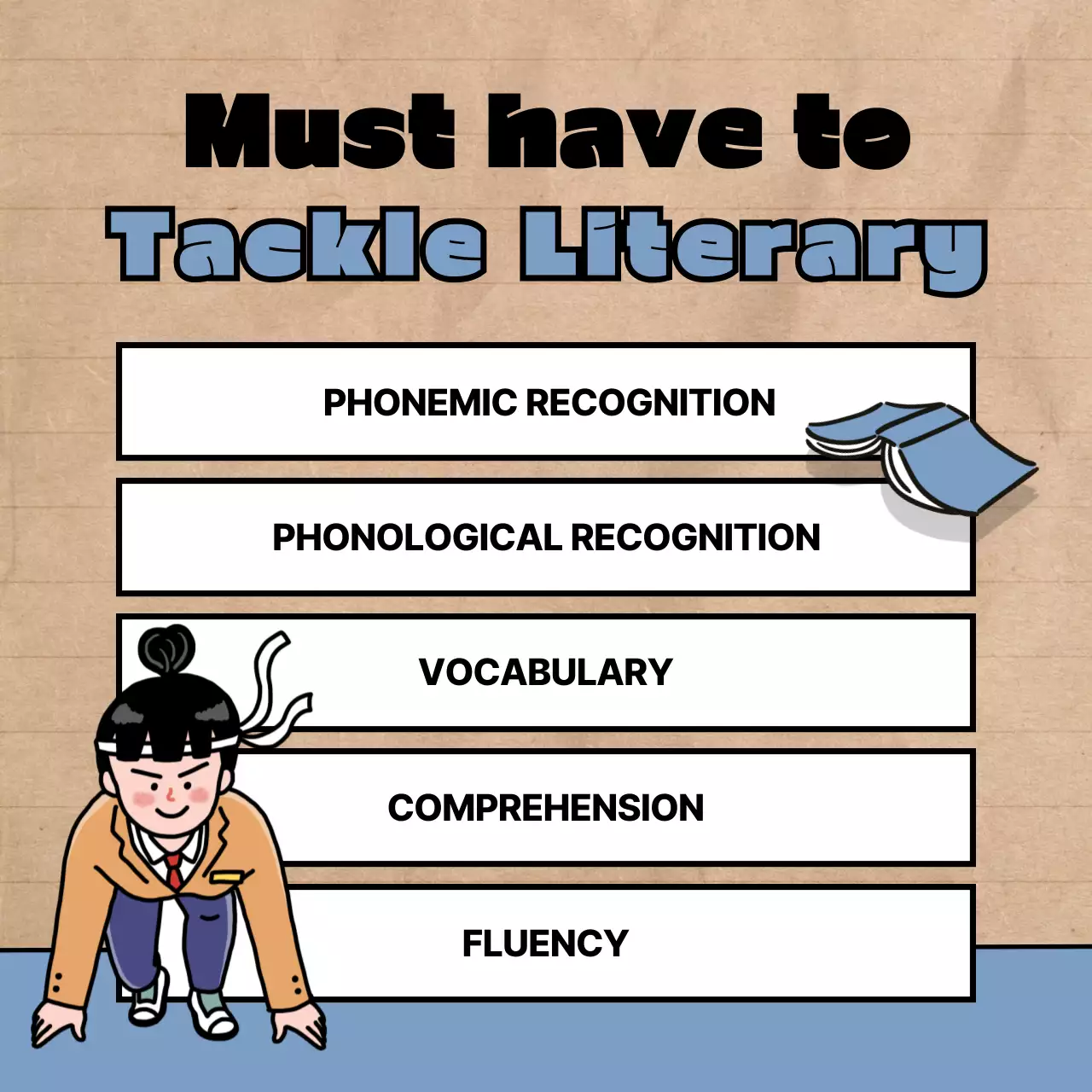 Literacy training academy with cute illustrations in red and black