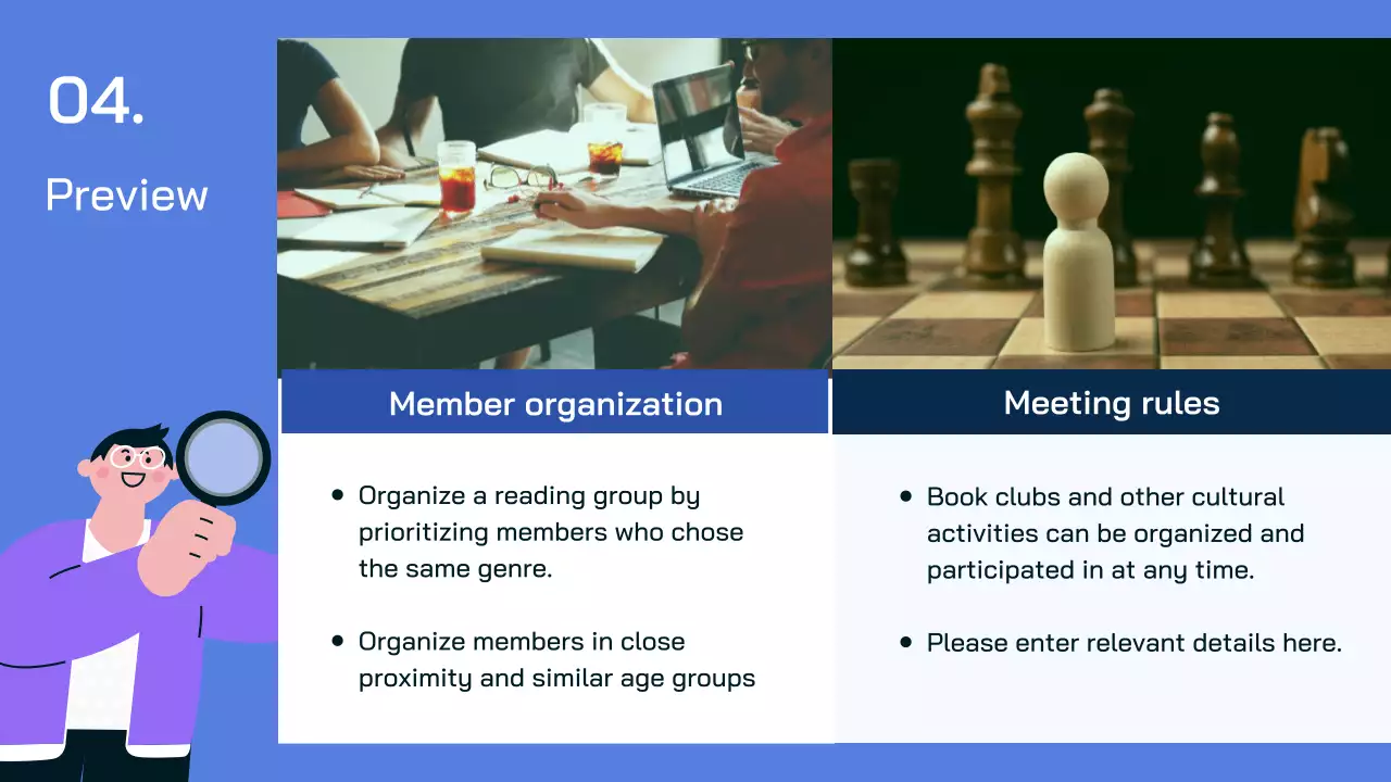 A bookshelf theme featuring human illustrations on a simple purple and blue background.