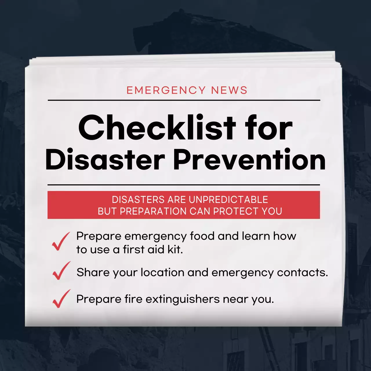 Navy blue and red newspaper-like disaster preparedness safety checklist