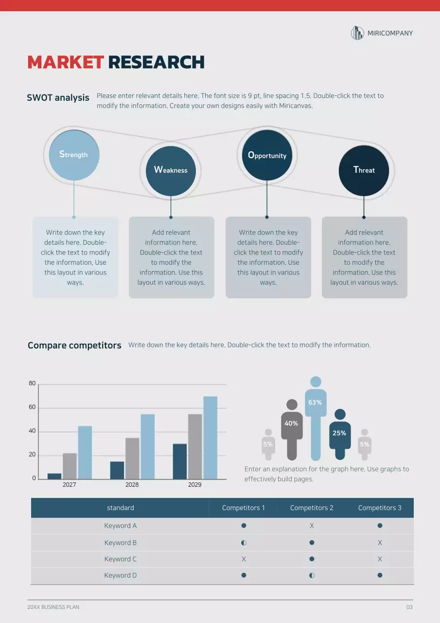 Graphic concept business plan with navy blue and red colors