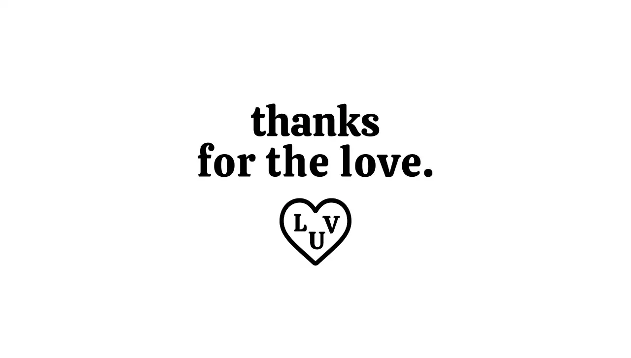 A simple, branded thank you envelope with black text and a heart-shaped illustration.