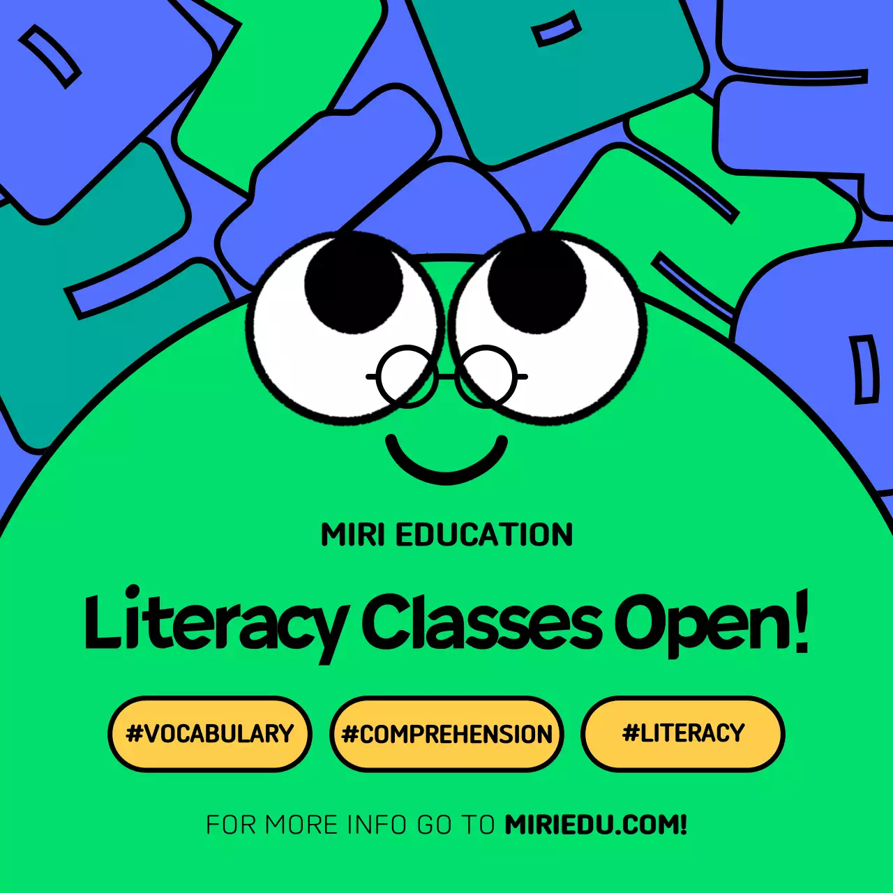 Character concept literacy test in green and blue