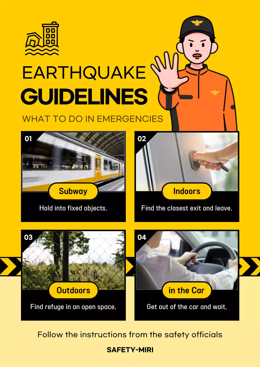 Yellow and black earthquake evacuation tips