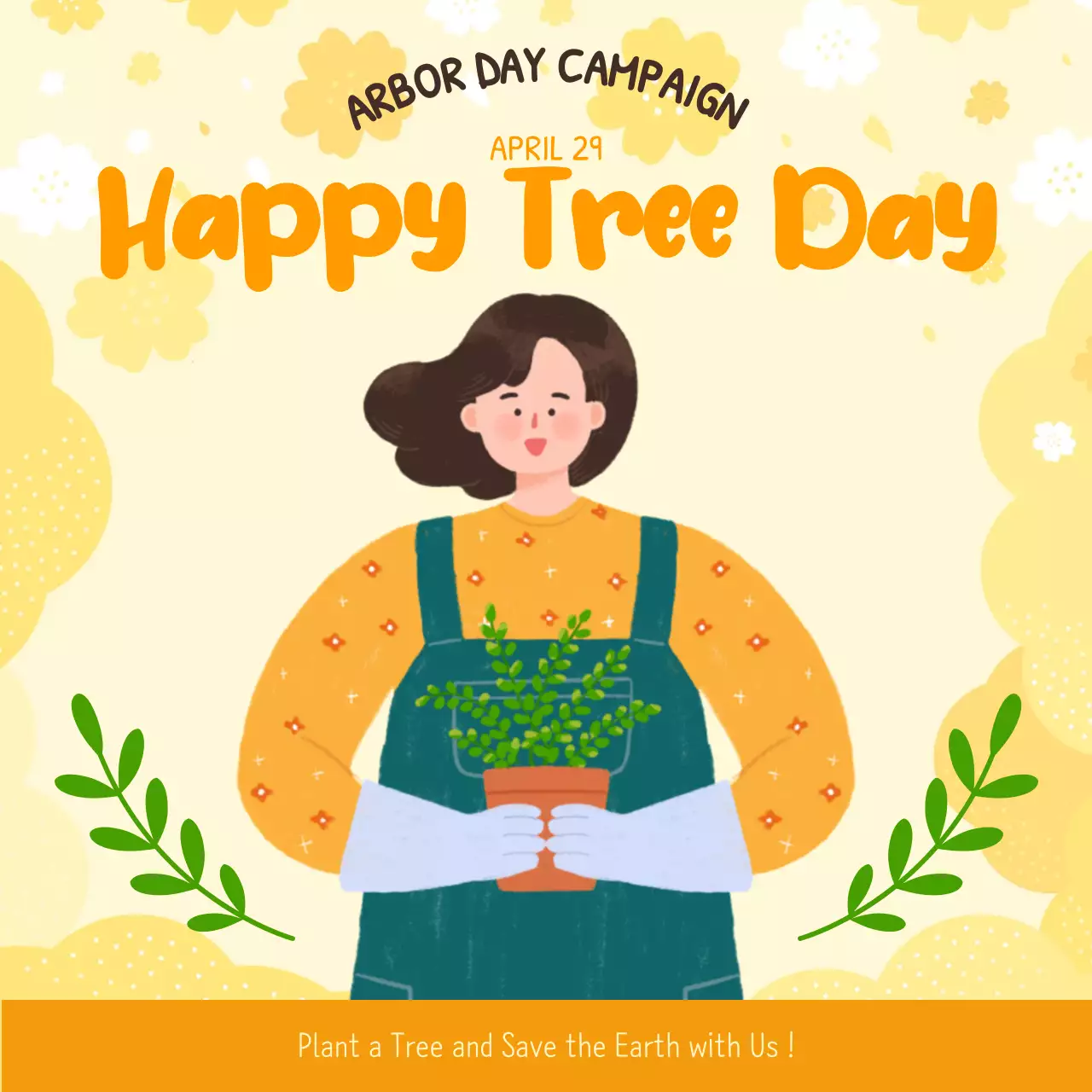 노란색과 초록색의 식목일 나무 심기 행사