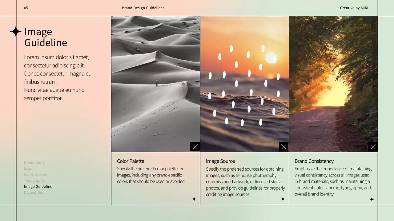 Simple brand design guidelines using a black line motif on a pastel background