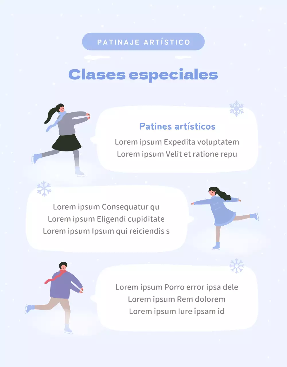 Guía de clases de patinaje de invierno en morado y blanco