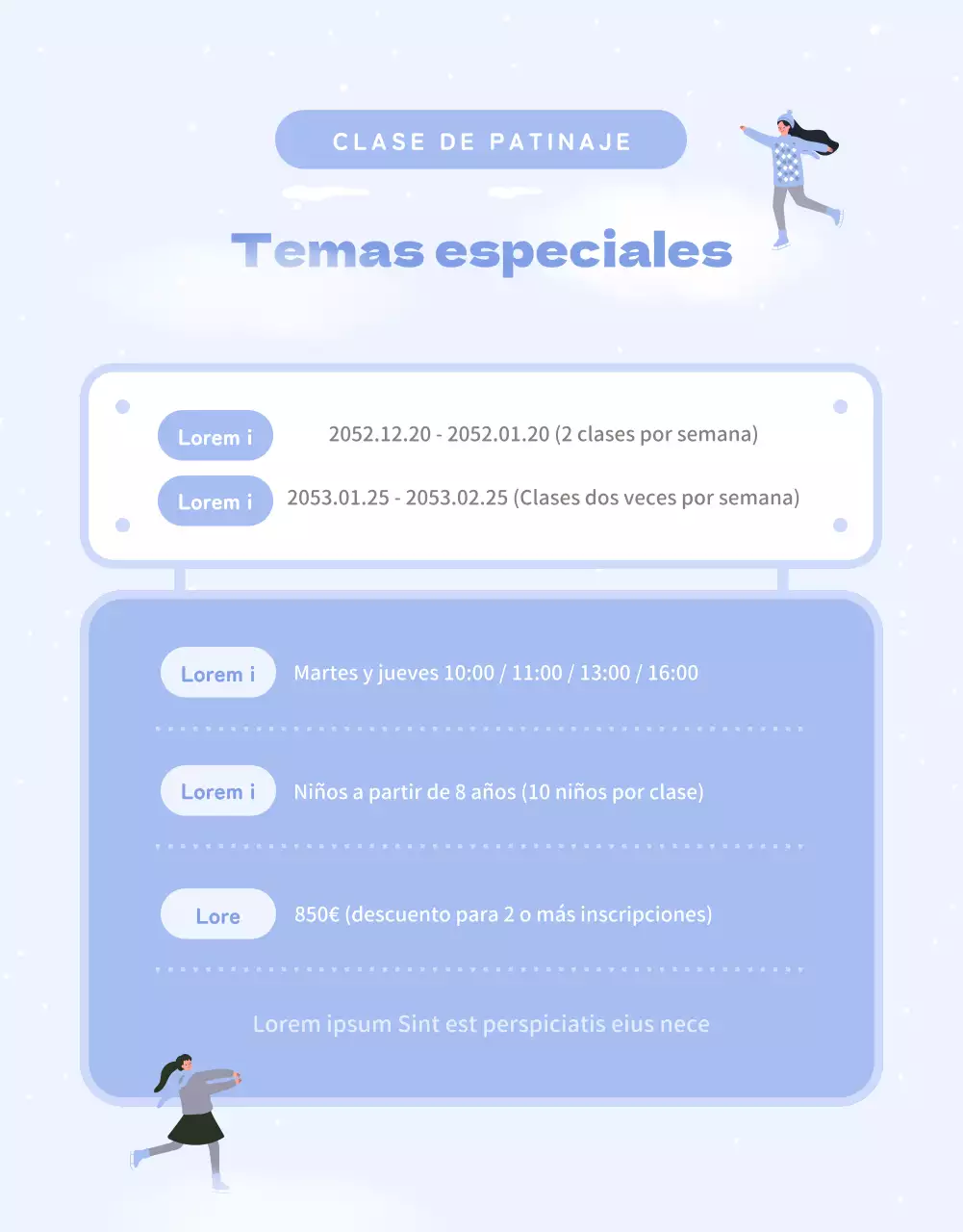 Guía de clases de patinaje de invierno en morado y blanco