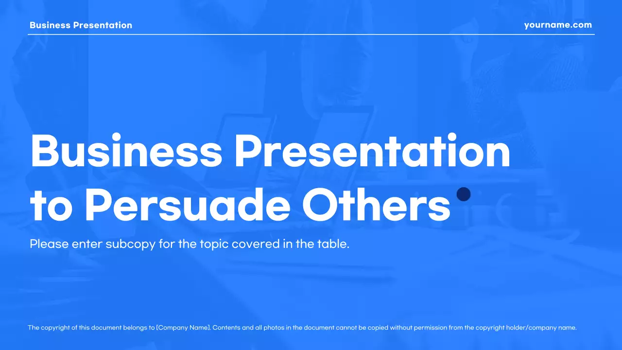 A modern business presentation in blue and white.