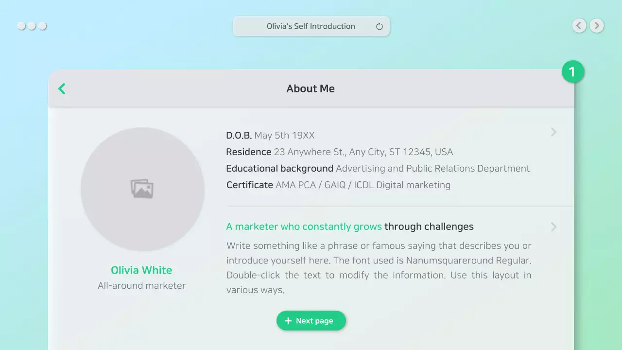 Tự giới thiệu gọn gàng với khái niệm GUI màu xanh lá cây