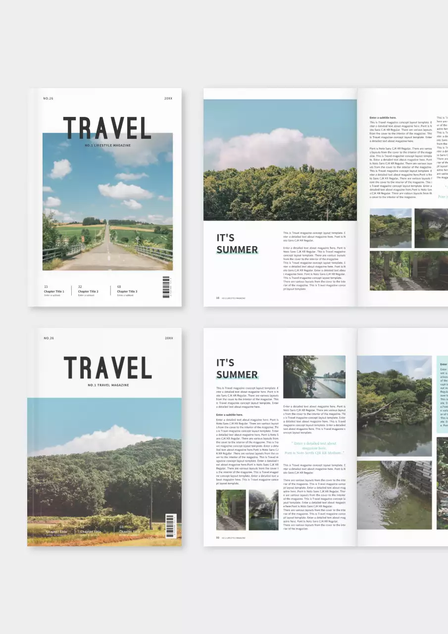 A bundle of layouts with a refreshing travel magazine concept