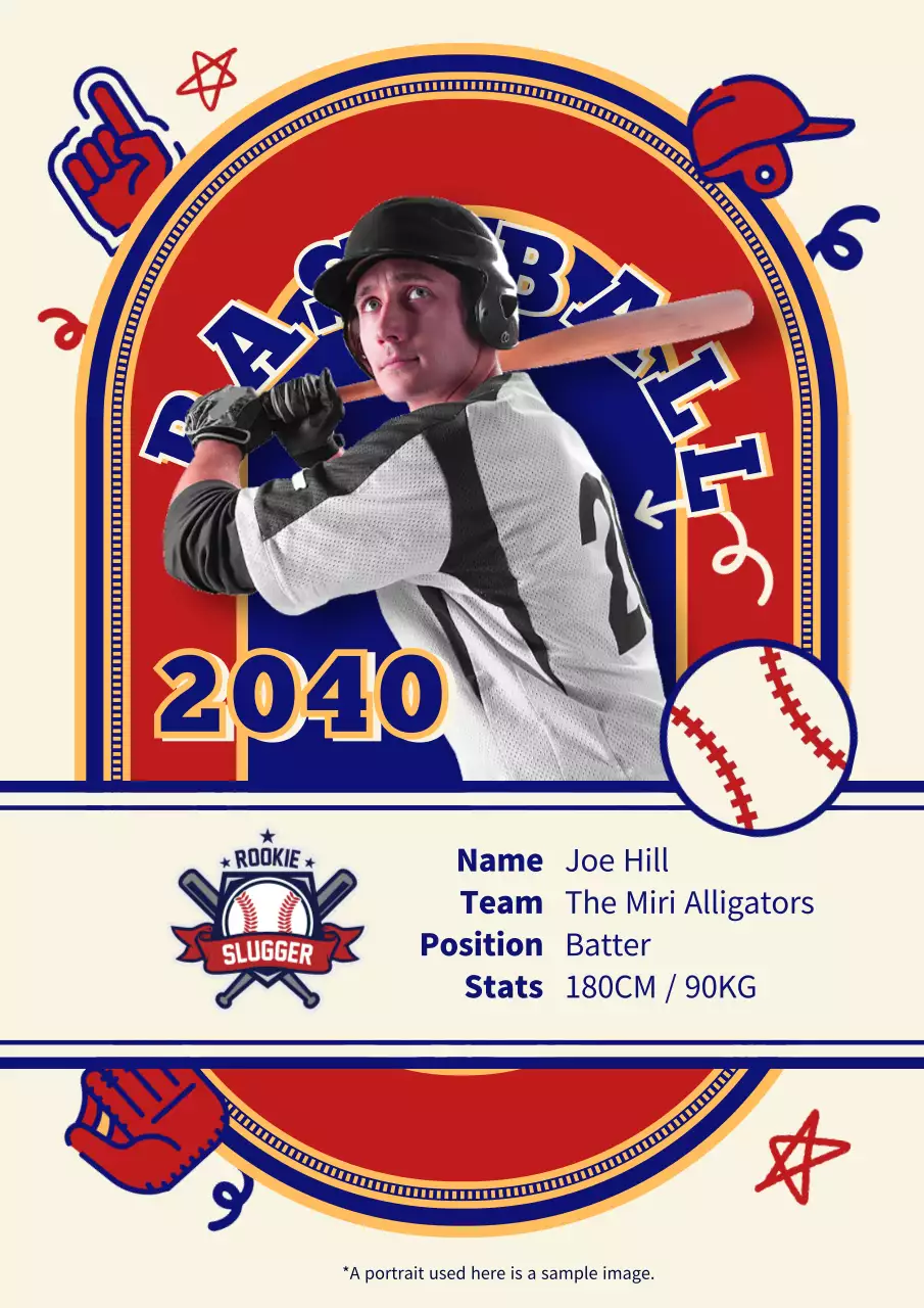 A retro red and blue baseball player promotional piece
