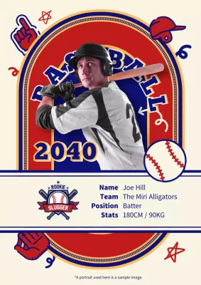 A retro red and blue baseball player promotional piece