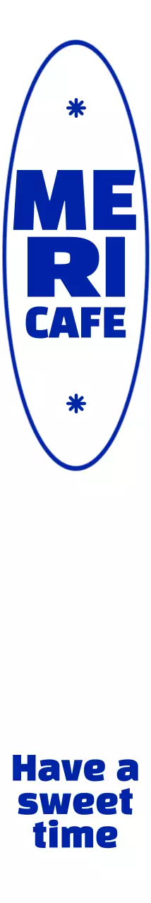 Warna biru tua, bentuk dan teks yang bersih dan sederhana berpadu untuk sebuah kafe yang penuh gaya