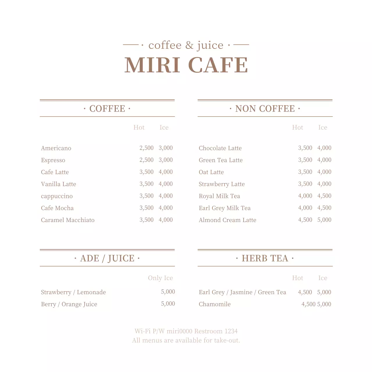 Menu kafe berkonsep putih dan cokelat bersih dengan label harga