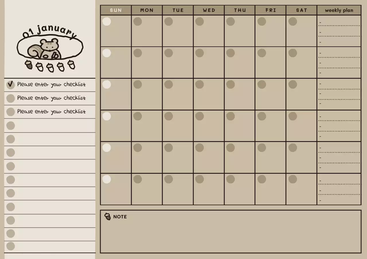 Cute Illustrated Monthly Planner in Beige Brown