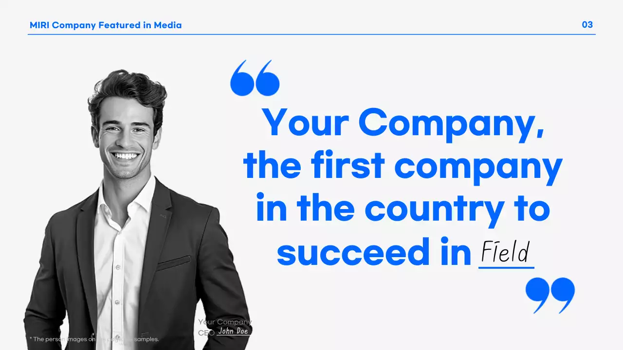 A modern business presentation in blue and white.