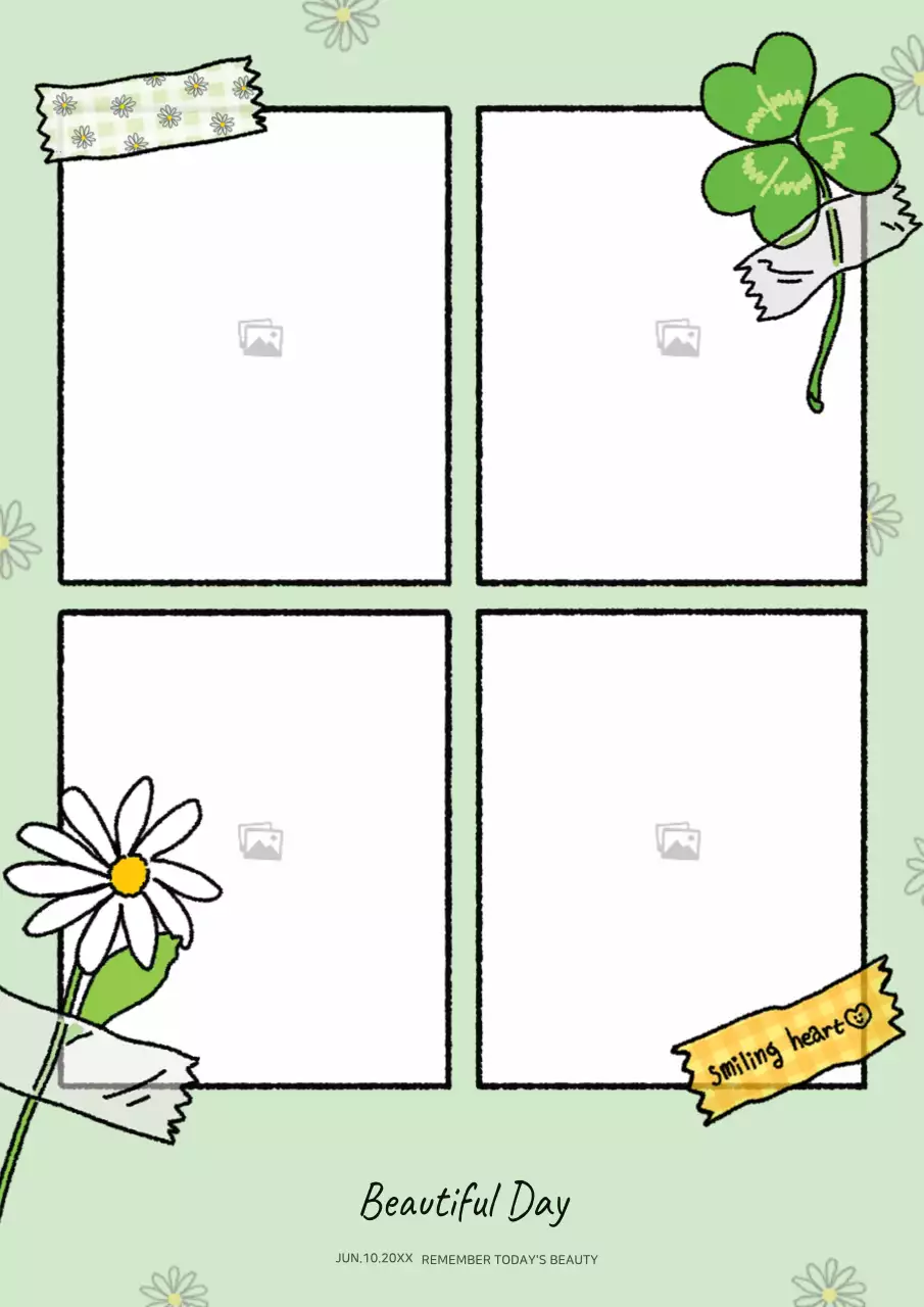 Cute watercolor illustration four-color photo frame in light blue and green