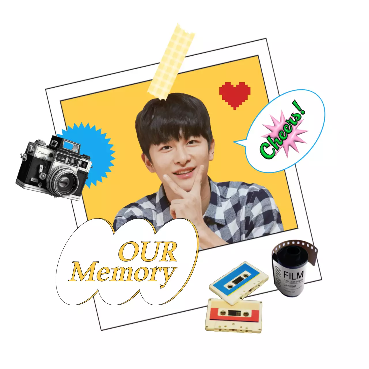 Photo print concept with cute messages in yellow and blue colors