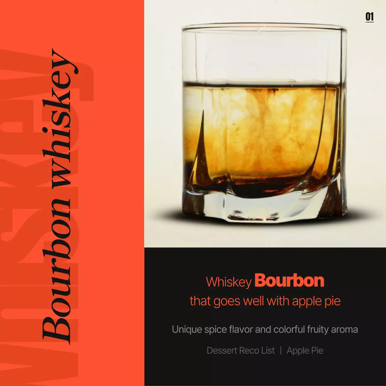 Promote a simple orange and black color scheme for whiskey varieties