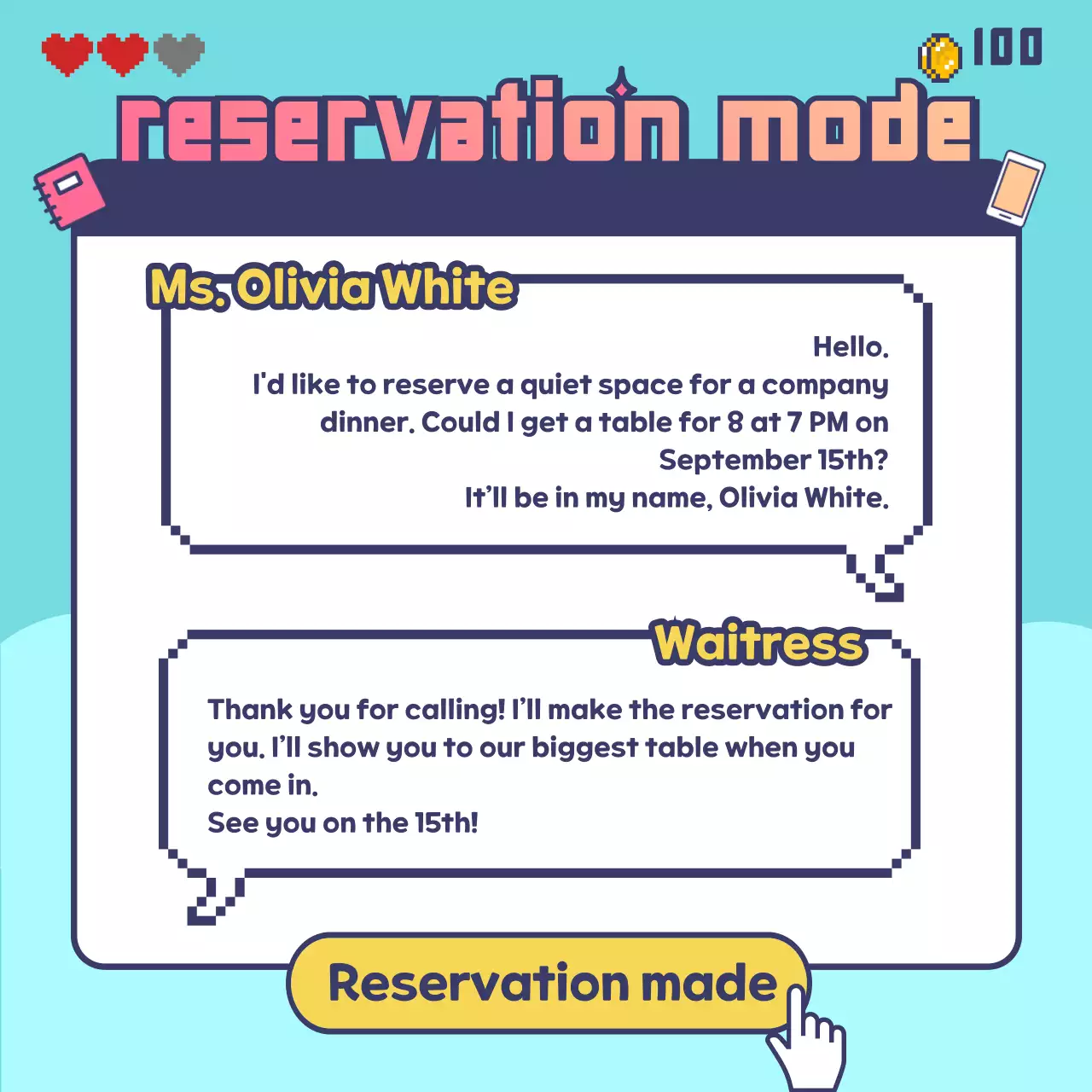 How to book a dinner with a game quest concept