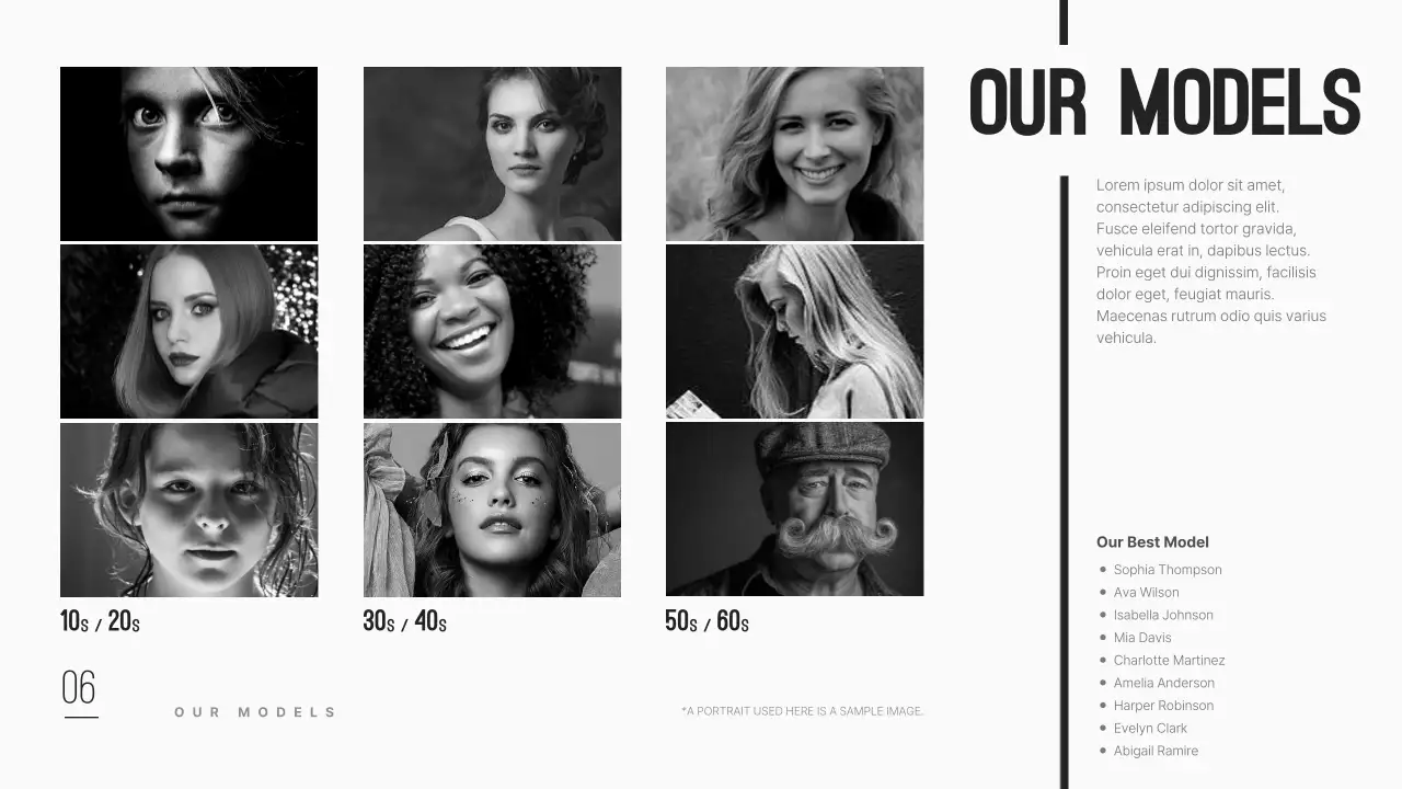 A clean and modern modeling agency company profile in black.