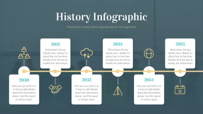 Calming timeline infographic in gray and green tones with icons