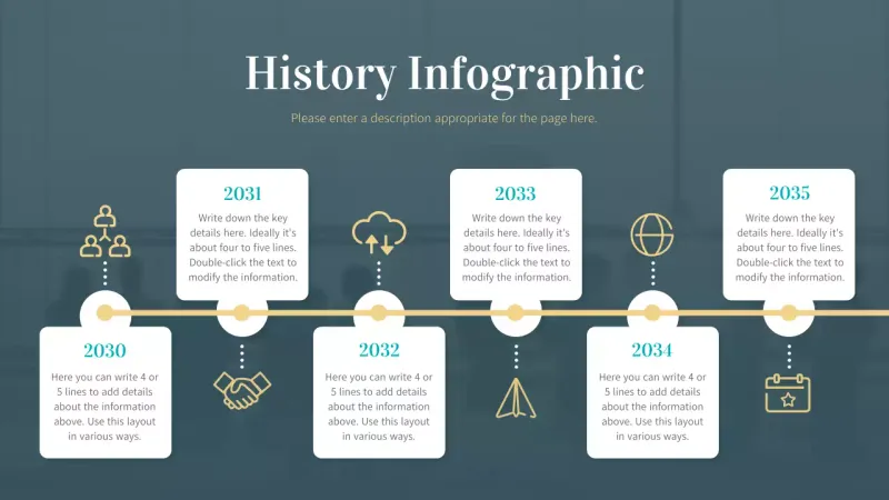 Infografia de cronologia calma em tons de cinzento e verde com ícones