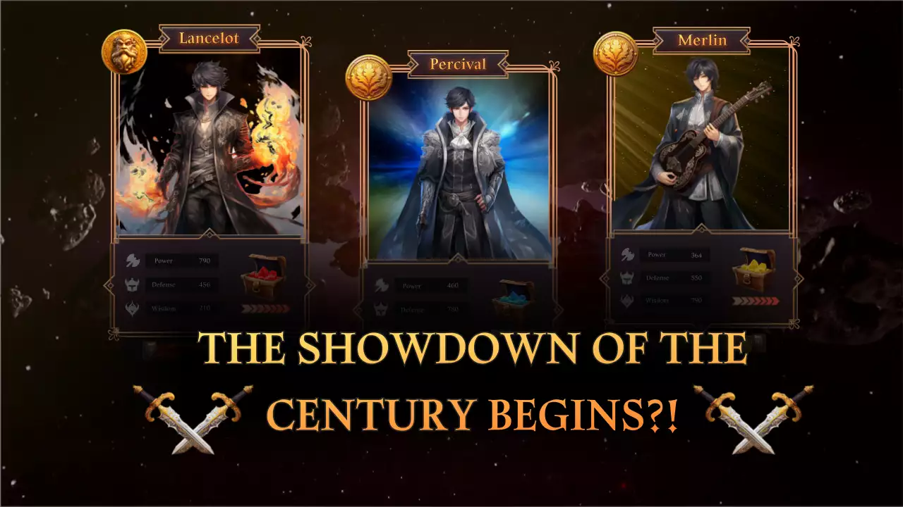 갈색과 노란색의 게임 캐릭터 들어가있는 판타지스럽고 미래적인 게임 홍보 아트