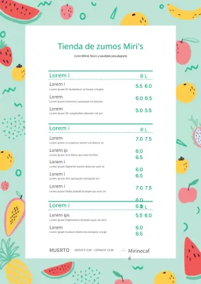 Bonito marco de frutas Menú de bebidas Mesa