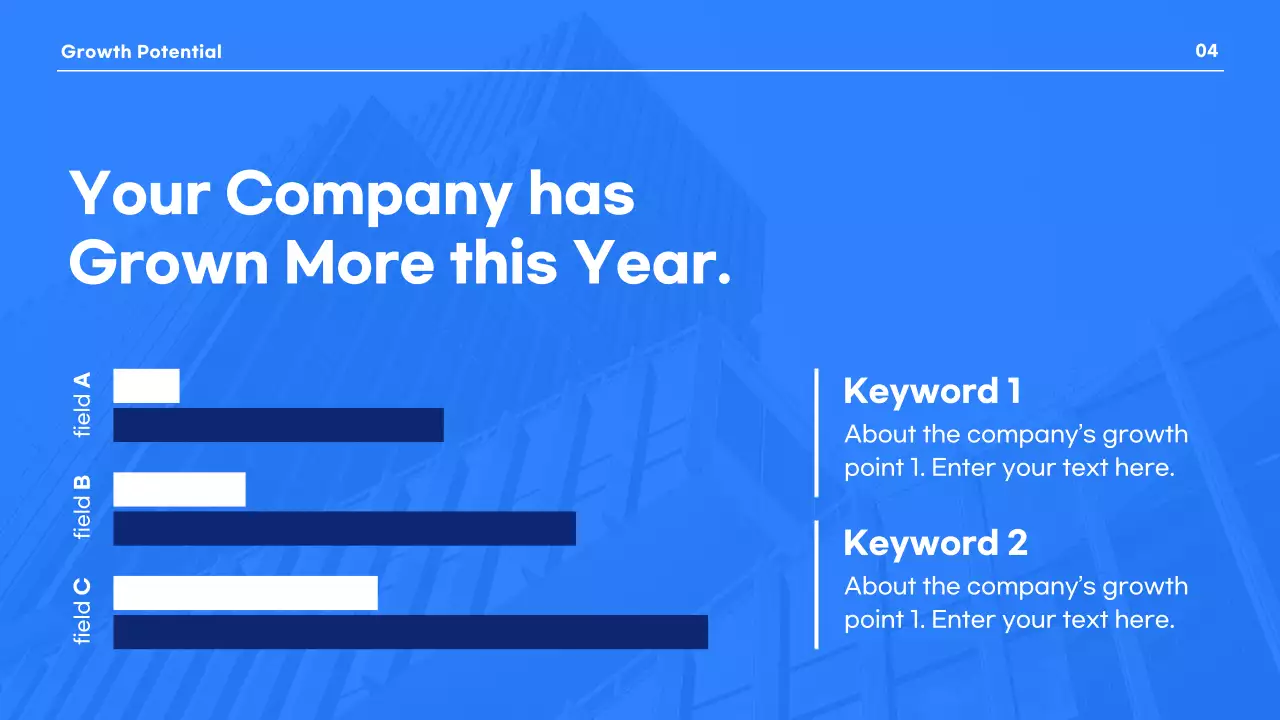 A modern business presentation in blue and white.
