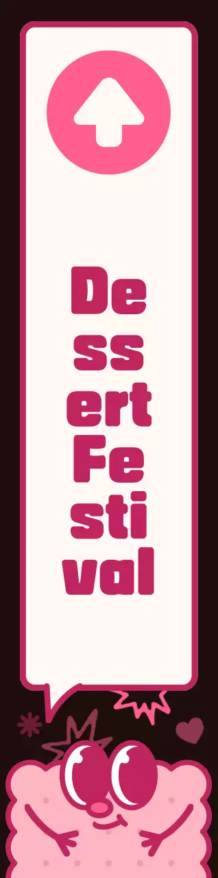 Kombinasi warna coklat dan merah muda Karakter kue yang lucu dan gaya ilustrasi gelembung ucapan Petunjuk arah ke festival makanan penutup