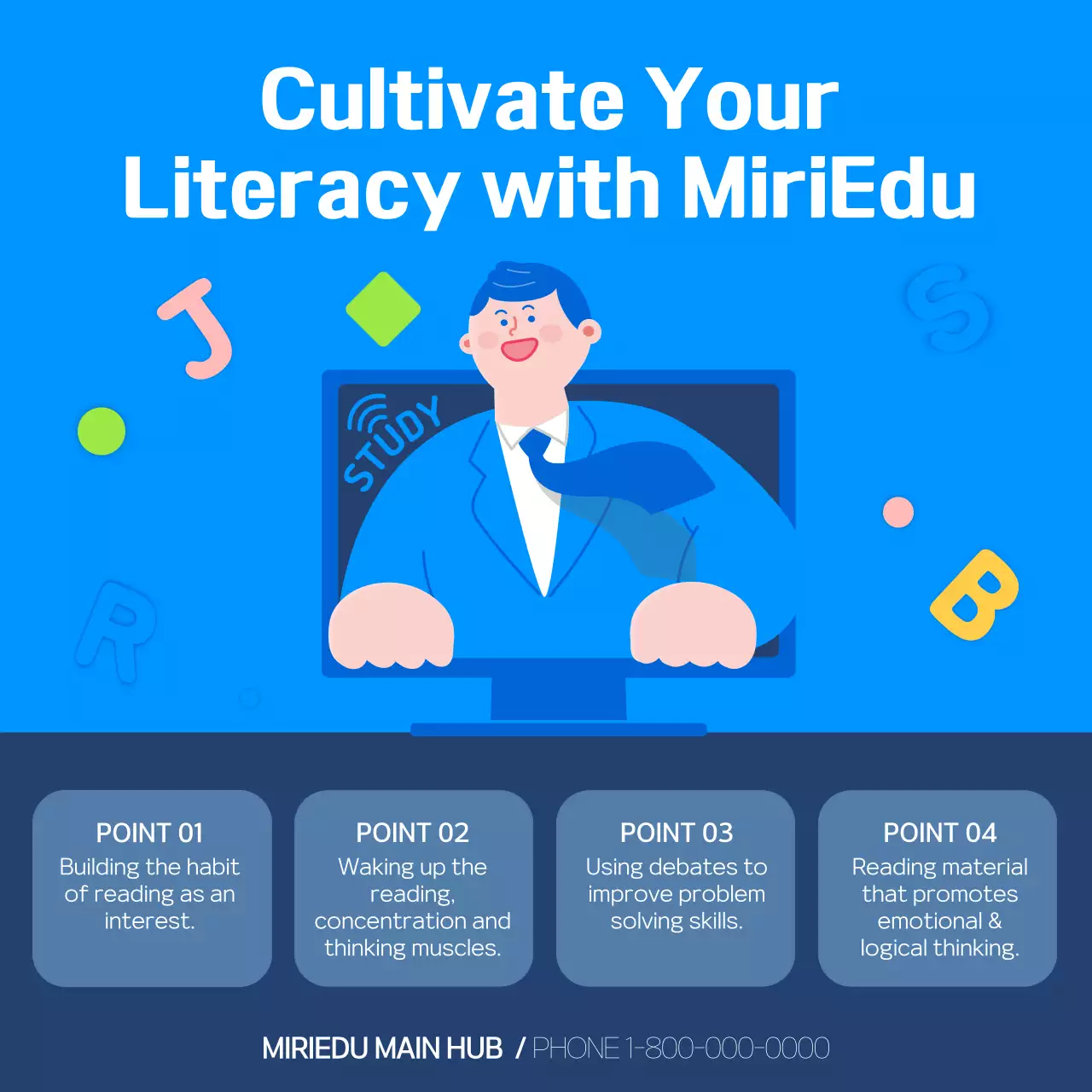 Blue cute student illustration literacy training card news