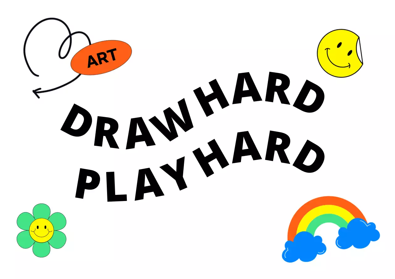 Desain promosi untuk sebuah sekolah seni, yang menampilkan berbagai stiker warna-warni.