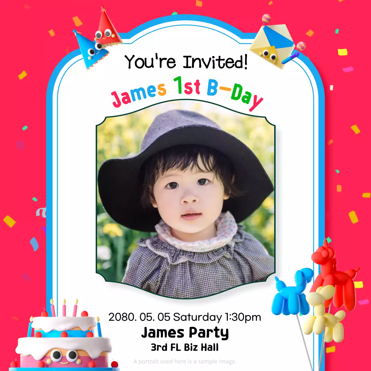 빨간색과 케이크가 있는 아기 돌잔치 초대장