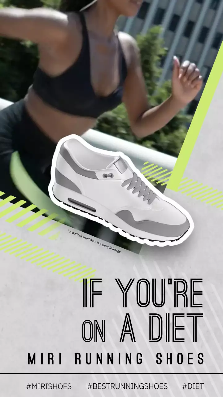 연두색과 회색의 역동적인 이미지의 러닝화 홍보(동영상 세로형)