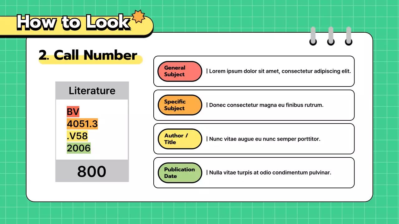 초록색과 노란색 귀여운 깔끔한 그리드의 도서관 교육용 메뉴얼