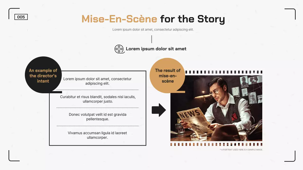 Clean cinematic terminology classroom with a black and orange camera feel