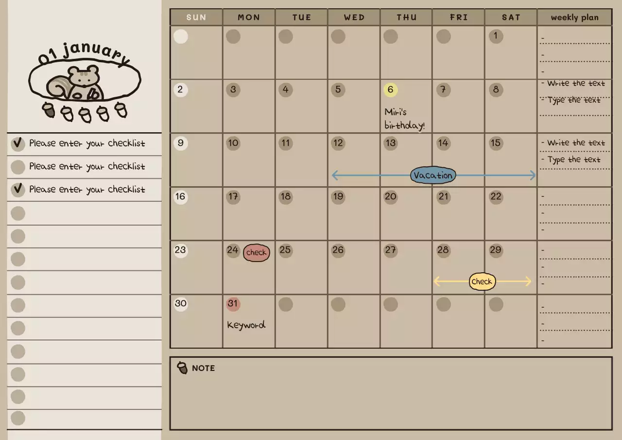 Cute Illustrated Monthly Planner in Beige Brown