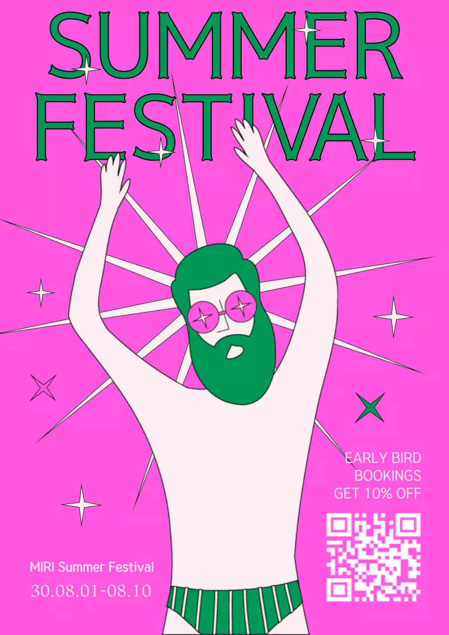 분홍색과 초록색의 수영복을 남자와 반짝이는 별이 들어간 여름 행사 페스티벌