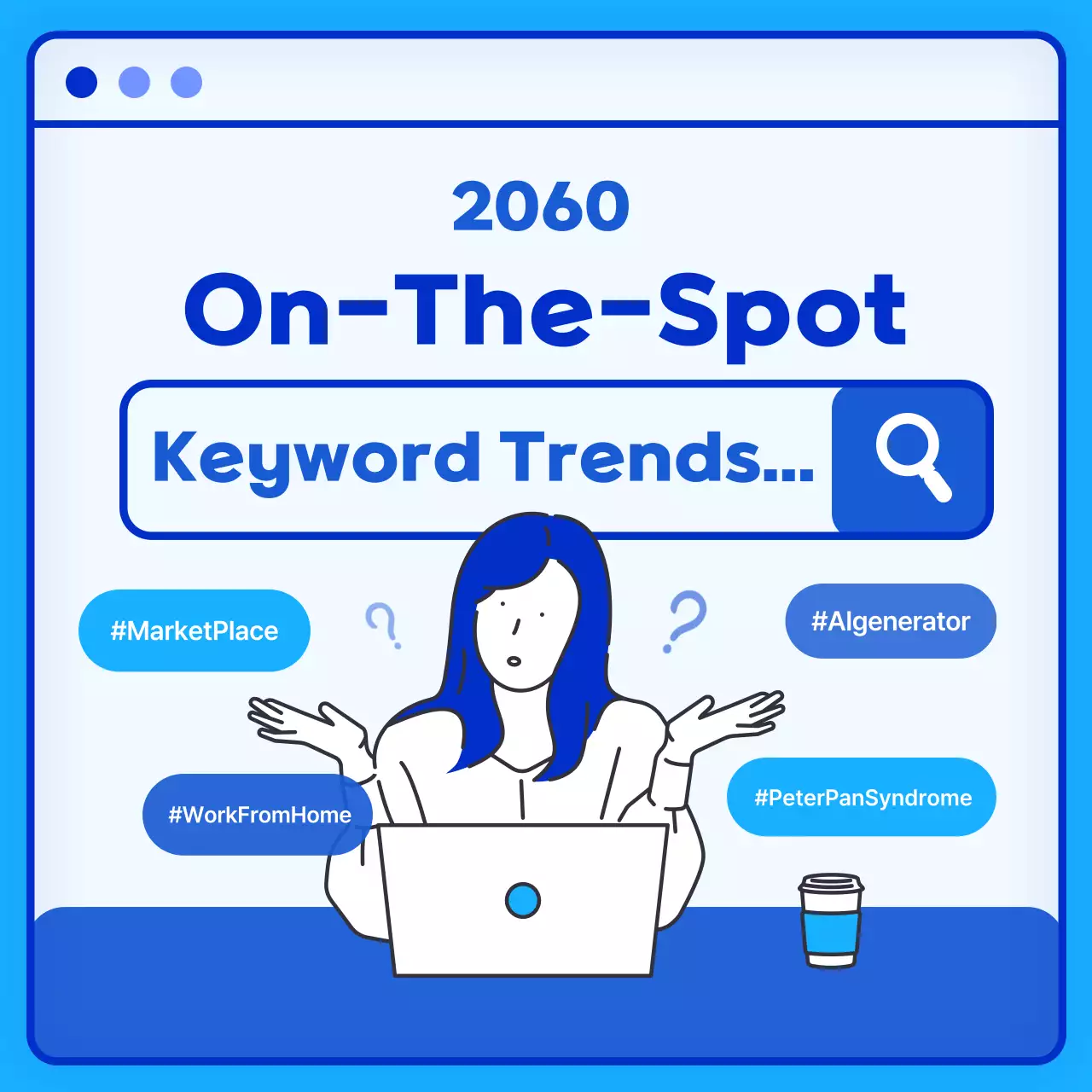 Learn this year's trending keywords in the shape of a blue and white internet search bar