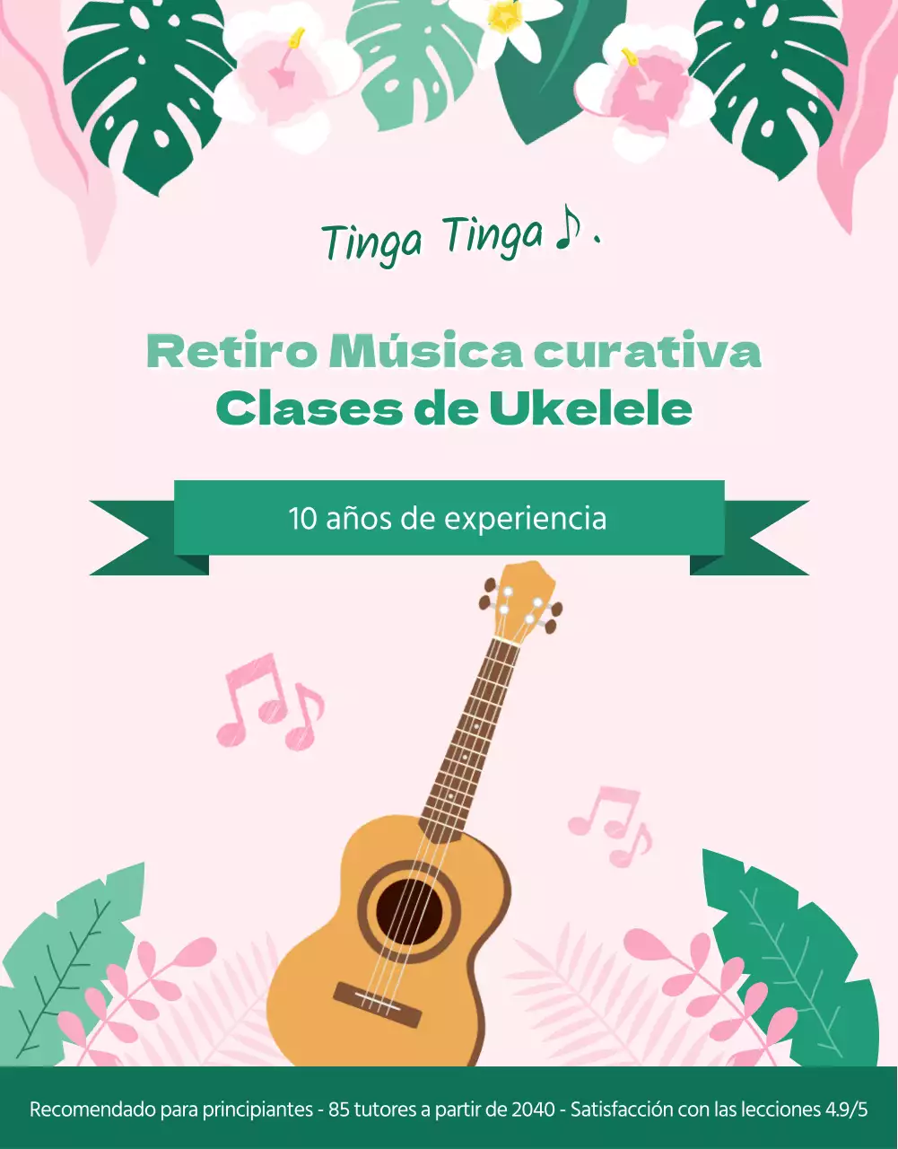 Clases particulares de ukelele tropical hawaiano en verde y rosa