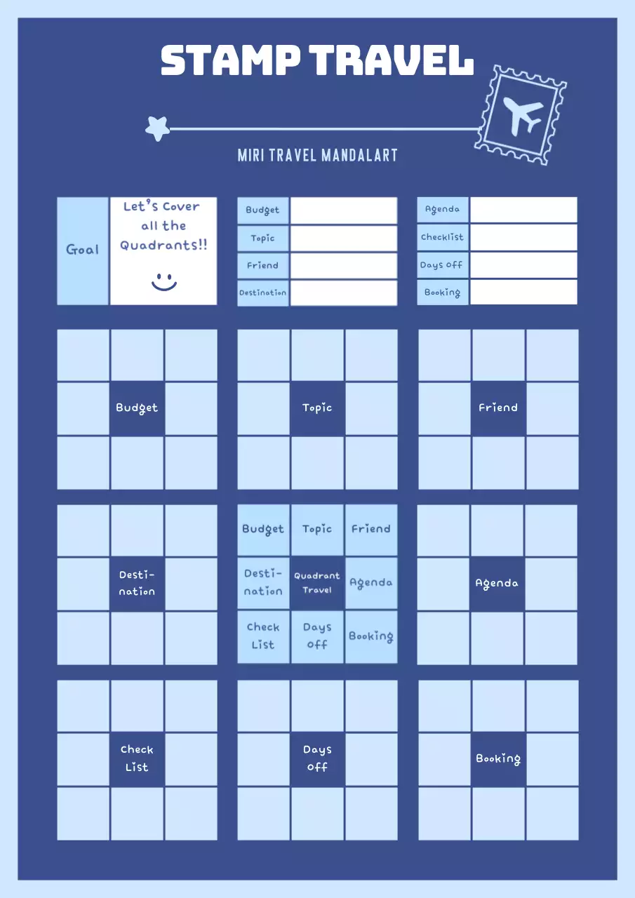 Blue airplane illustration with travel stamp mandalas