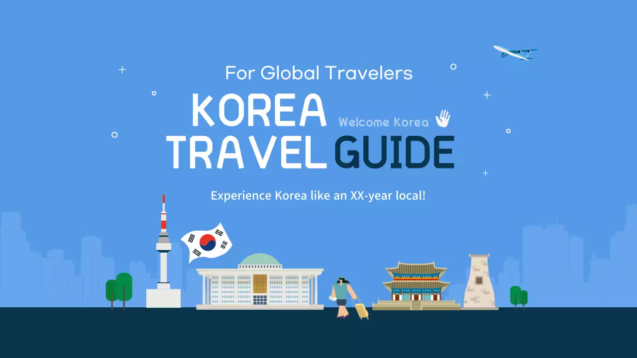 Blue and navy blue illustrated South Korea travel guide